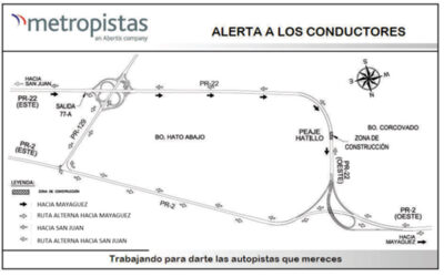 Un carril disponible en la autopista PR-22 en ambas direcciones, entre el km. 82.6 y el km. 81.7 debido a trabajos de demolición de antigua plaza de peaje de Hatillo